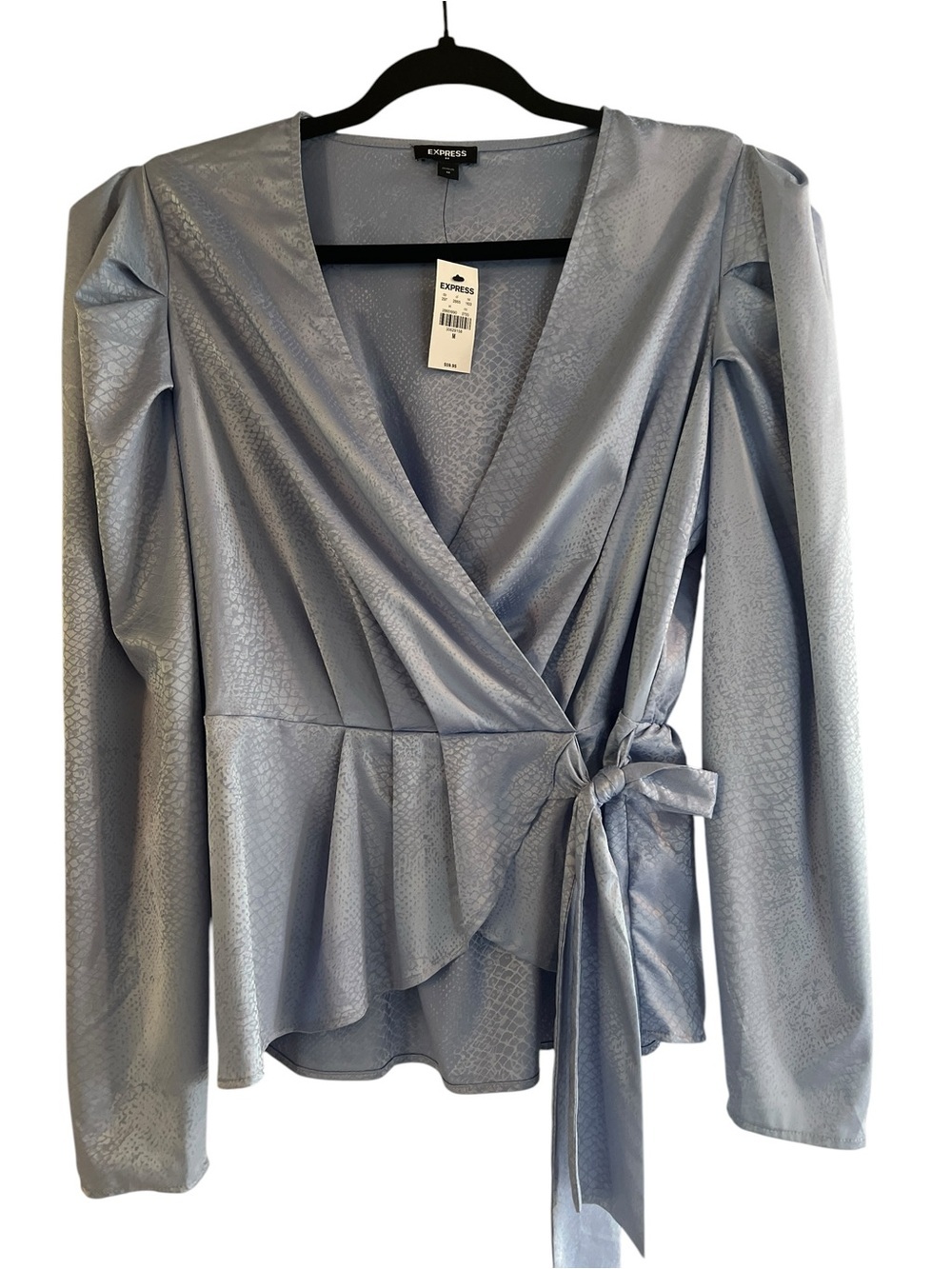 Express Light Blue Satin Wrap Peplum Business Casual Office Blouse w/Side Tie- M